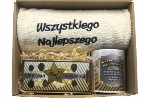 PREZENT NA URODZINY 18-70 Zestaw Kosz Prezentowy Ręcznik Kubek Czekolada na Arena.pl
