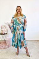 Kopertowa Sukienka Maxi z Długim Rękawem Zielono-Morsko-Beżowa UNI