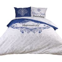 Pościel bawełniana 160x200 PANELOVE biała granatowa ornament napisy