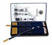 Zestaw 12 ołówków do szkicowania o różnych twardościach w metalowym pudełku