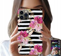 ETUI DO IPHONE 12 PRO MAX - KWIATKI W CZARNO - BIAŁE PASKI WZORY