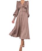 Sukienka maxi satynowa brązowa elegancka vintage bufiaste rękawy XL