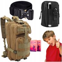 Plecak Brązowy 35L Militarny + Nerka Cargo + Pas Czarny Taktyczny 120 cm