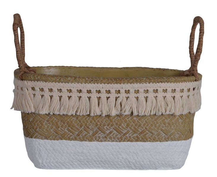 Doniczka ceramiczna boho podłużna beżowo-biała mała zdjęcie 1