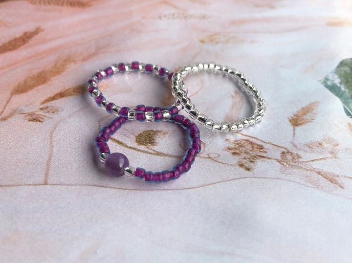 AMETYST PIERŚCIONKI Z KORALIKÓW ZESTAW 3 SZTUKI KORALIKI SREBRNE zdjęcie 12