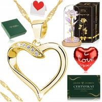ZŁOTY DAMSKI NASZYJNIK SERCE 925/585 ŁAŃCUSZEK ZAWIESZKA + RÓŻA WIECZNA LED