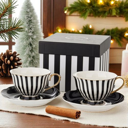 Komplet filiżanek porcelanowych 220 ml 2szt. biało-czarne złote zestaw na Arena.pl