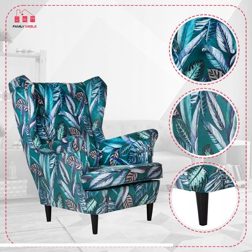 Fotel uszak ARI PRINT skandynawski  liście pióra zielone na Arena.pl