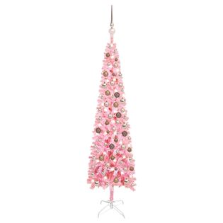 Smukła choinka z lampkami LED i bombkami, różowa, 150 cm