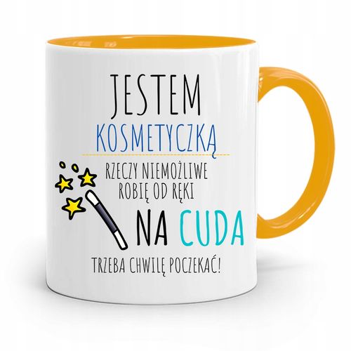 Kubek Żółty Dla Kosmetyczki Na Cuda Trzeba Czekać Z Nadrukiem Ze Zdjęciem na Arena.pl