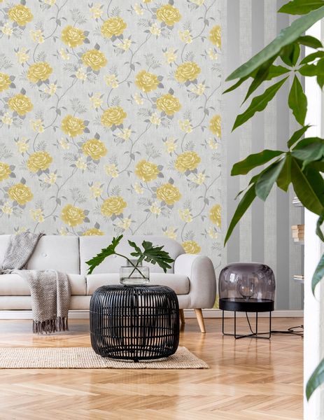 TAPETA WZÓR W KWIATY ŻÓŁTE RÓŻE LIŚCIE PAPIEROWA zdjęcie 2