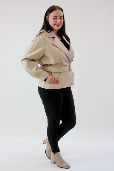 Dwurzędowa kurtka eko skóra z paskiem Edima Beżowa 2XL zdjęcie 4