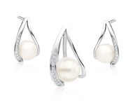 Elegancki rodowany srebrny komplet z perłami i cyrkoniami perła perły krople cyrkonie srebro 925 Z1595Z