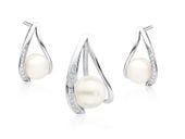 Elegancki rodowany srebrny komplet z perłami i cyrkoniami perła perły krople cyrkonie srebro 925 Z1595Z