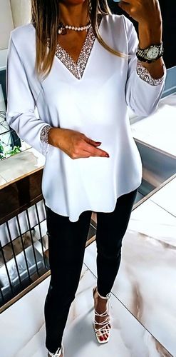 . BIAŁA TUNIKA BLUZKA ELEGANCKA Z KORONKĄ KOSZULA DO PRACY PLUS SIZE 44 na Arena.pl