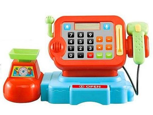 Kasa sklepowa z czytnikiem, mikrofonem, kalkulatorem i wagą na Arena.pl