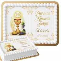 OPŁATEK NA TORT PROSTOKĄTNY 28,7x20cm - PIERWSZA KOMUNIA ŚWIETA + NAPIS