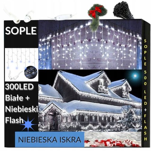 SOPLE FLASH 300 LED ZEWNĘTRZNE BIAŁE ZIMNE CHOINKOWE lampki+niebieski FLASH na Arena.pl