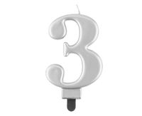 Świeczka na tort cyfra 3 srebrna metaliczna