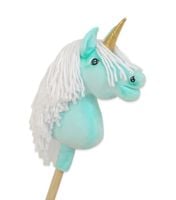 hobby horse jednorożec na kiju mały miętowy z białą grzywą i złotym rogiem