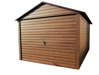 Garaż blaszany 3x5 drewnopodobny z dachem dwuspadowym, z bramą uchylną