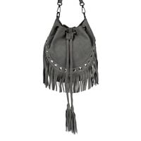 VERA PELLE torebka zamszowa listonoszka boho z ćwiekami V418 c.szara