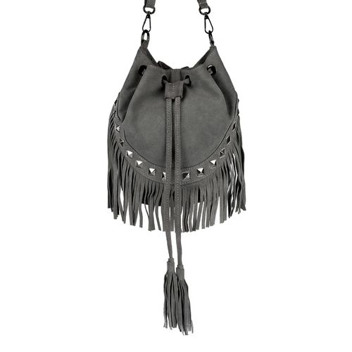 VERA PELLE torebka zamszowa listonoszka boho z ćwiekami V418 c.szara na Arena.pl