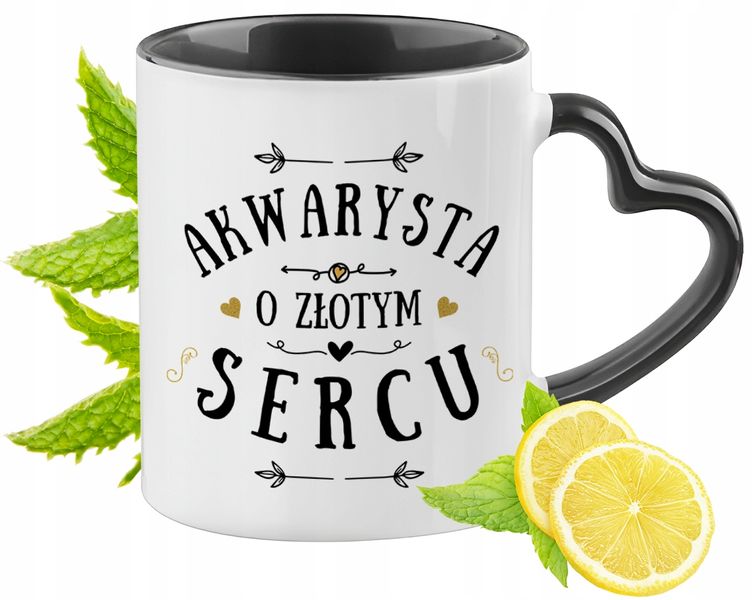 Kubek Czarny Z Uszkiem W Kształcie Serca Dla Akwarysty Na Prezent zdjęcie 1