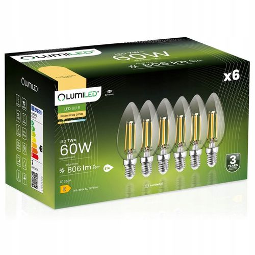 6x Żarówka LED E14 Świeca FILAMENT 7W = 60W Dekoracyjna 3000K LUMILED na Arena.pl