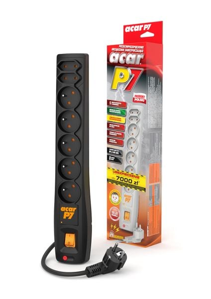 Listwa przepięciowa przedłużacz ACAR P7 3m 7 gniazd czarna zdjęcie 1