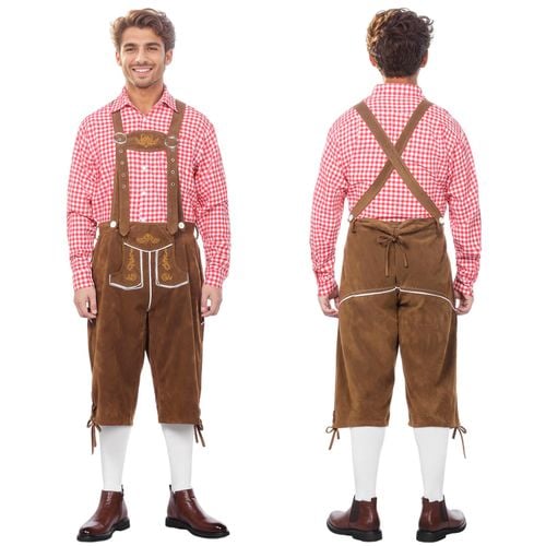 Komplet Męski Oktoberfest Skórzane Spodnie z Szelkami Koszula Czerwona S na Arena.pl