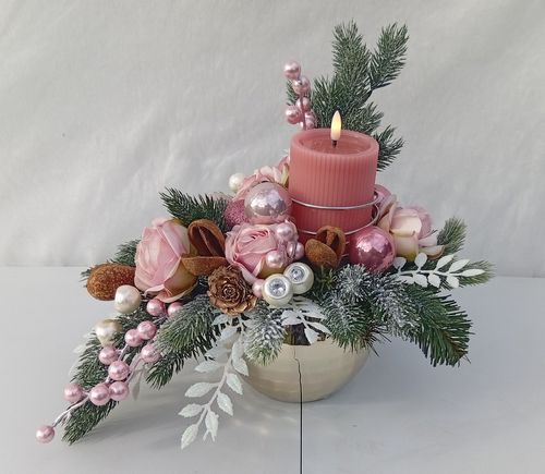 Stroik świąteczny z różową świecą LED w lustrznej doniczce 43×41×34 cm na Arena.pl