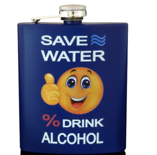 Niebieska Piersiówka Stal Nierdzewna z Hasłem "Save Water Drink Alkohol" na Arena.pl