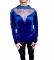 Elegancka Welurowa Bluzka Z Siateczką I Cyrkoniami Długi Rękaw Niebieska