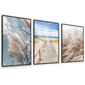 ZESTAW 3x Plakat W Ramie TRAWA Plaża Morze Wydmy Pomost 30cm x 40cm