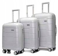 ZESTAW 3x WALIZKA BAGAŻ PREMIUM srebrna szarość polipropylen twarda 4 kółka