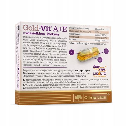OLIMP GOLD-VIT A+E 30kaps BIOTYNA WITAMINA A+E OLEJ Z WIESIOŁKA SKÓRA WŁOSY na Arena.pl