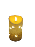 Świeczka dekoracyjna ecru z złotym brokatem i łańcuszkiem led 8,5cm*13 cm