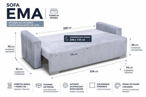 Kanapa z funkcją spania Sofa do salonu EMA na Arena.pl