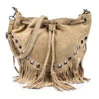 VERA PELLE torebka zamszowa listonoszka boho z ćwiekami V418 beżowa