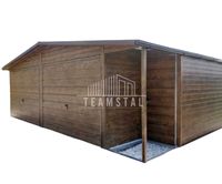 GARAŻ BLASZANY 7m x 7m + wnęka dwuspad - 2x Brama + drzwi - Rynny - ciemny orzech drewnopodobny TS381 7x7