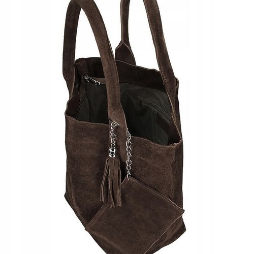 czekoladowa zamszowa torebka worek skóra naturalna SHOPPER A4 VERA PELLE na Arena.pl