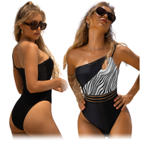 Strój kąpielowy czarny biały w zeberkę wyszczuplający na ramie damski M