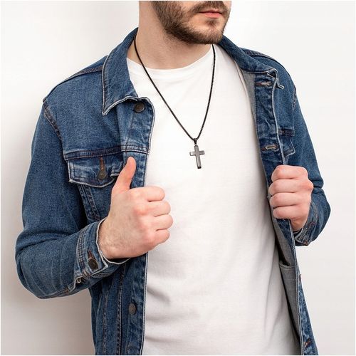 Naszyjnik z krzyżem męski stal chirurgiczna czarny splot grawer BLINGART na Arena.pl