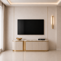 Szafka RTV kremowa glamour ryflowana owalna z marmurowym blatem 200x40x50