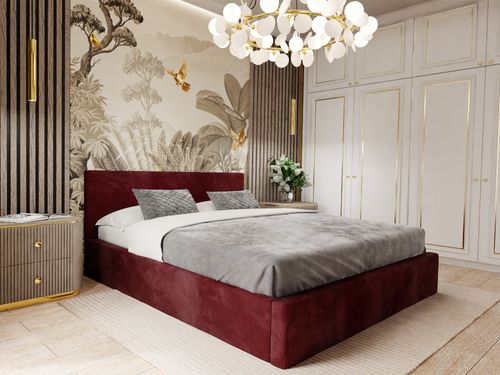 ŁÓŻKO TAPICEROWANE DO SYPIALNI 160x200 ŁÓŻKO PODWÓJNE Z POJEMNIKIEM BORDOWE na Arena.pl