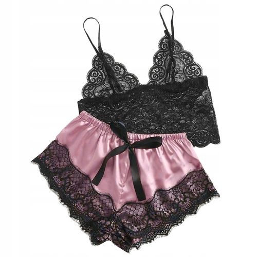 SATYNOWY KOMPLET SEXY BIELIZNA PIŻAMA TOP KOSZULKA NOCNA KORONKA SPODENKI na Arena.pl