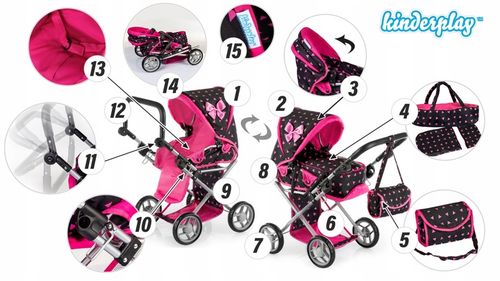 WÓZEK DLA LALEK GŁĘBOKI SPACERÓWKA GONDOLA 3w1 KINDERPLAY TORBA POŚCIEL na Arena.pl