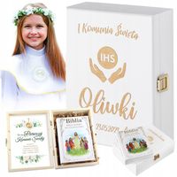 BIBLIA W PUDEŁKU PAMIĄTKA PIERWSZEJ KOMUNII ŚWIĘTEJ PREZENT NA KOMUNIĘ