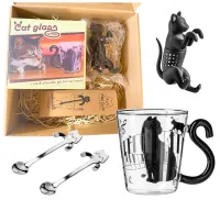 Zestaw dla Kociary - Szklanka Kot + Srebrne Łyżeczki + Zaparzacz do Herbaty
